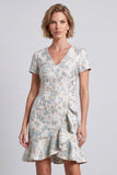 Lichtblauwe V-hals bloemen bodycon mini werkjurk met ruches en korte mouwen