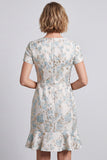 Lichtblauwe V-hals bloemen bodycon mini werkjurk met ruches en korte mouwen