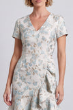 Lichtblauwe V-hals bloemen bodycon mini werkjurk met ruches en korte mouwen