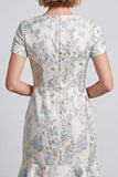 Lichtblauwe V-hals bloemen bodycon mini werkjurk met ruches en korte mouwen