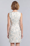 Lichtblauwe bloemen ronde hals bodycon mini werkjurk