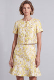 Lichtgele rondhals bodycon bloemen korte werkjurk met ruches