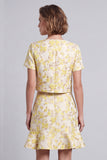 Lichtgele rondhals bodycon bloemen korte werkjurk met ruches