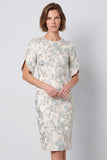 Bodycon lichtblauwe bloemen midi werkjurk met ronde hals en korte mouwen