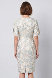 Bodycon lichtblauwe bloemen midi werkjurk met ronde hals en korte mouwen