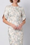 Bodycon lichtblauwe bloemen midi werkjurk met ronde hals en korte mouwen