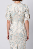 Bodycon lichtblauwe bloemen midi werkjurk met ronde hals en korte mouwen