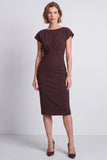 Brown Bodycon gerimpelde ronde hals met capmouwen midi werkjurk met split