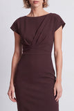 Brown Bodycon gerimpelde ronde hals met capmouwen midi werkjurk met split