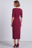 Marineblauwe vierkante hals gerimpelde bodycon halve mouwen midi werkjurk met split
