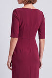 Marineblauwe vierkante hals gerimpelde bodycon halve mouwen midi werkjurk met split