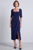 Marineblauwe vierkante hals gerimpelde bodycon halve mouwen midi werkjurk met split