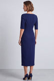 Marineblauwe vierkante hals gerimpelde bodycon halve mouwen midi werkjurk met split