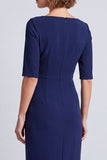 Marineblauwe vierkante hals gerimpelde bodycon halve mouwen midi werkjurk met split