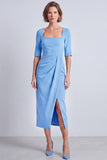 Marineblauwe vierkante hals gerimpelde bodycon halve mouwen midi werkjurk met split