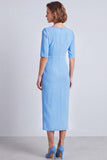 Marineblauwe vierkante hals gerimpelde bodycon halve mouwen midi werkjurk met split