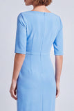 Marineblauwe vierkante hals gerimpelde bodycon halve mouwen midi werkjurk met split