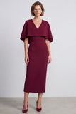 Bordeauxrode Bodycon V-hals midi werkjurk met cape