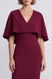 Bordeauxrode Bodycon V-hals midi werkjurk met cape