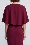 Bordeauxrode Bodycon V-hals midi werkjurk met cape
