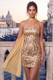 Gouden strapless pailletten bodycon korte homecomingjurk met split