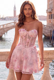 Roze doorschijnend korset Bloemen A-lijn Sweetheart Lace Homecoming Jurk met kralen
