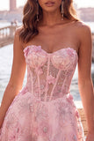 Roze doorschijnend korset Bloemen A-lijn Sweetheart Lace Homecoming Jurk met kralen