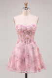 Roze doorschijnend korset Bloemen A-lijn Sweetheart Lace Homecoming Jurk met kralen