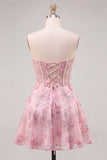 Roze doorschijnend korset Bloemen A-lijn Sweetheart Lace Homecoming Jurk met kralen