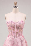 Roze doorschijnend korset Bloemen A-lijn Sweetheart Lace Homecoming Jurk met kralen