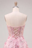Roze doorschijnend korset Bloemen A-lijn Sweetheart Lace Homecoming Jurk met kralen