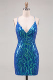 Donkerblauwe pailletten bodycon spaghettibandjes homecoming-jurk met veter op de rug