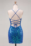 Donkerblauwe pailletten bodycon spaghettibandjes homecoming-jurk met veter op de rug