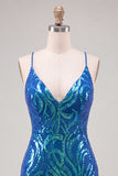 Donkerblauwe pailletten bodycon spaghettibandjes homecoming-jurk met veter op de rug