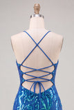 Donkerblauwe pailletten bodycon spaghettibandjes homecoming-jurk met veter op de rug