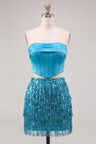 Blauwe strapless bodycon 2-delige pailletten korset Homecoming jurk met franjes