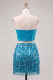 Blauwe strapless bodycon 2-delige pailletten korset Homecoming jurk met franjes
