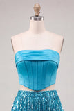 Blauwe strapless bodycon 2-delige pailletten korset Homecoming jurk met franjes