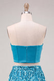 Blauwe strapless bodycon 2-delige pailletten korset Homecoming jurk met franjes