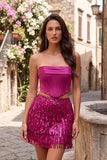 Blauwe strapless bodycon 2-delige pailletten korset Homecoming jurk met franjes