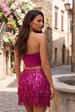 Blauwe strapless bodycon 2-delige pailletten korset Homecoming jurk met franjes