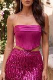 Blauwe strapless bodycon 2-delige pailletten korset Homecoming jurk met franjes