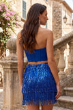 Blauwe strapless bodycon 2-delige pailletten korset Homecoming jurk met franjes