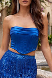 Blauwe strapless bodycon 2-delige pailletten korset Homecoming jurk met franjes