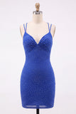Koninklijk blauwe bodycon kralenbezette korte homecomingjurk met veter op de rug