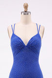 Koninklijk blauwe bodycon kralenbezette korte homecomingjurk met veter op de rug