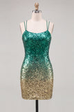 Glinsterende groene en gouden pailletten Bodycon korte homecomingjurk met kant op de rug