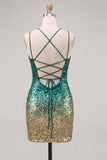Glinsterende groene en gouden pailletten Bodycon korte homecomingjurk met kant op de rug