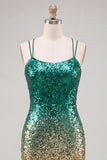 Glinsterende groene en gouden pailletten Bodycon korte homecomingjurk met kant op de rug