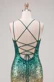Glinsterende groene en gouden pailletten Bodycon korte homecomingjurk met kant op de rug